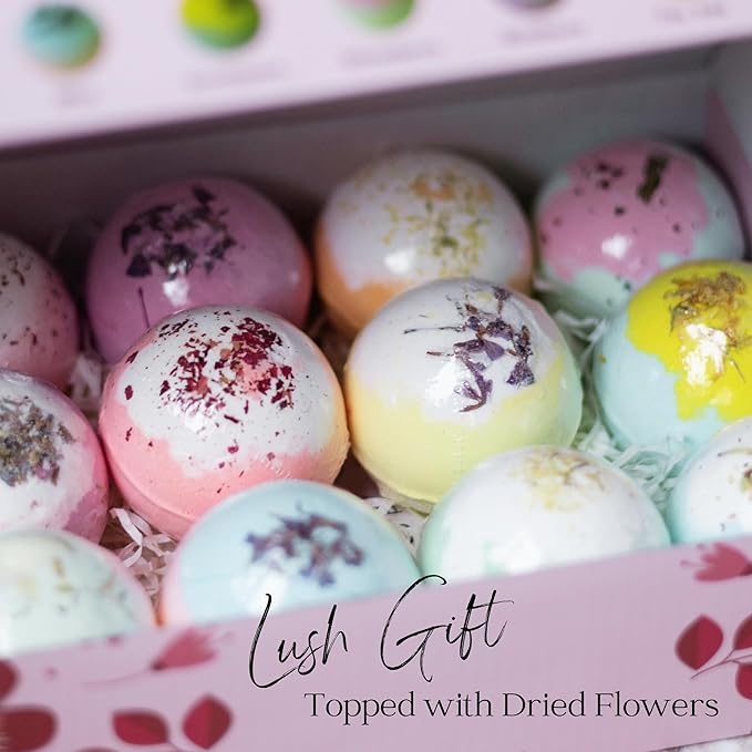 EvolutionUSA Inspire Bath Bombs for Women, 12 Gorgerous Flower Bath Bombs Topped with Dried Flowers, Luxurious Mother's Day Gift Set, Brithday Gift, Easter Gift or for Creating Lush Self Care Moment