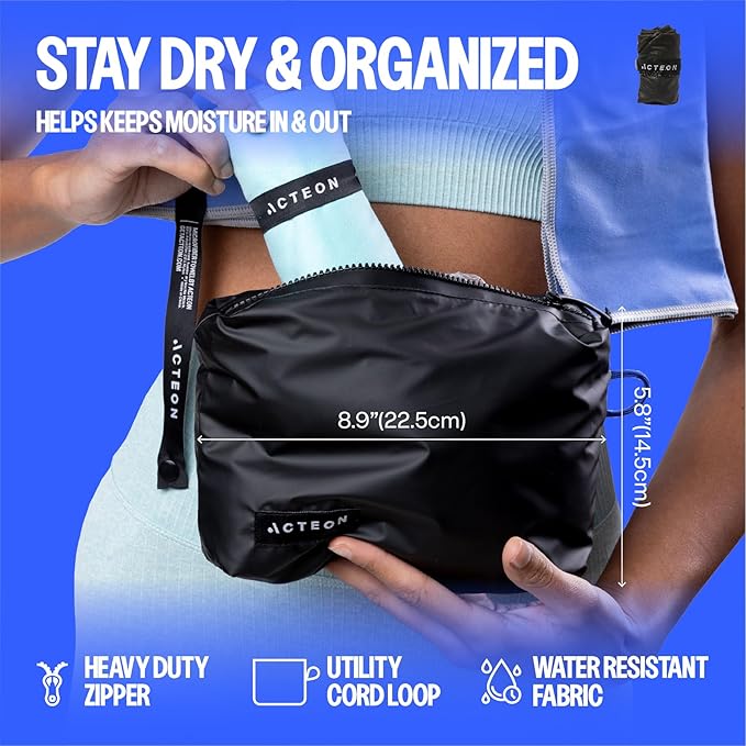 Acteon Microfiber Travel Towel & Wet Bag Set, Large Quick Dry Silver ION Odor-Free Mega Absorbent Fiber, Fast Drying Men & Women for Body Sweat, Beach, Pool, Camping, Gym