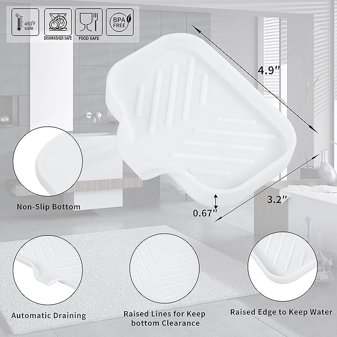 Silicone Bathroom Soap Dishes with Drain Spout-Bathroom and Kitchen Sink Organizer,Sponge Holder,Dish Soap Tray,Perfect for Dispenser,Scrubber,Bottle,Cup on Sink or Counter-White 4.9"×3.2"