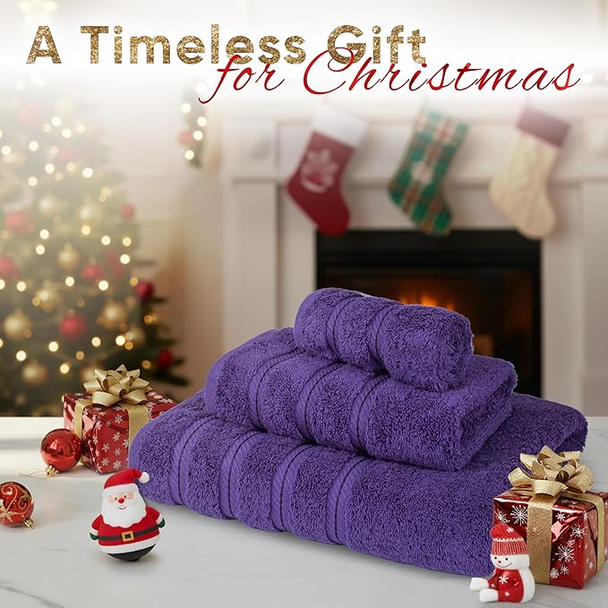 American Soft Linen Premium 3 Piece Towel Set, 1 Bath Towel 1 Hand Towel 1 Washcloth, 600 GSM 100% Cotton Turkish Towels for Bathroom, Purple Towel Set