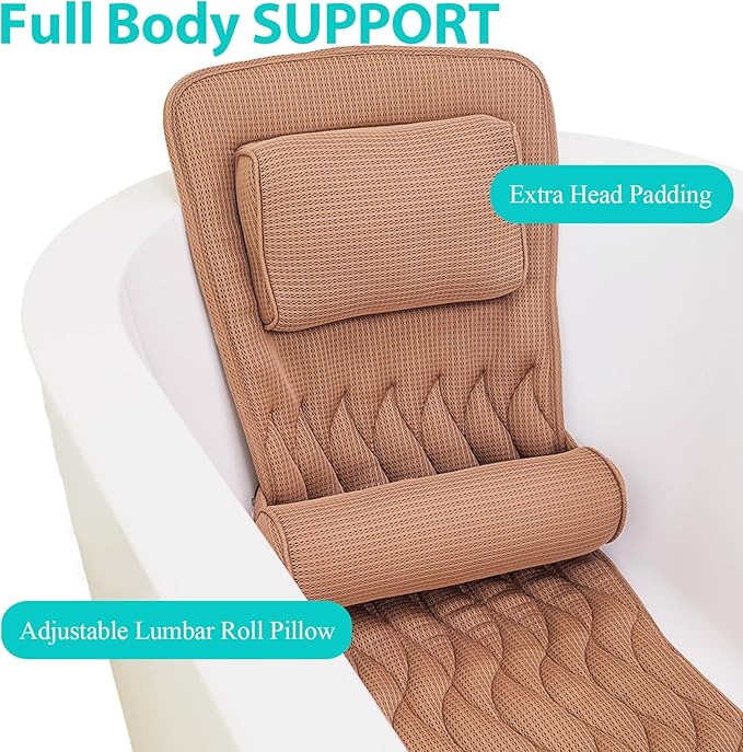 AEROiVi Full Body Bath Pillow with Adjustable Lumbar Roll Pillow Bathtub Cushion with 14 Suction Cups 3D Air Mesh Fit Any Tub Gray Bathroom Accessories Brown