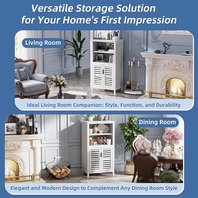 HITNET White Bathroom Cabinet, Bamboo Storage Cabinet Freestanding, Side Tall Storage Organizer for Kitchen Living Room Entryway