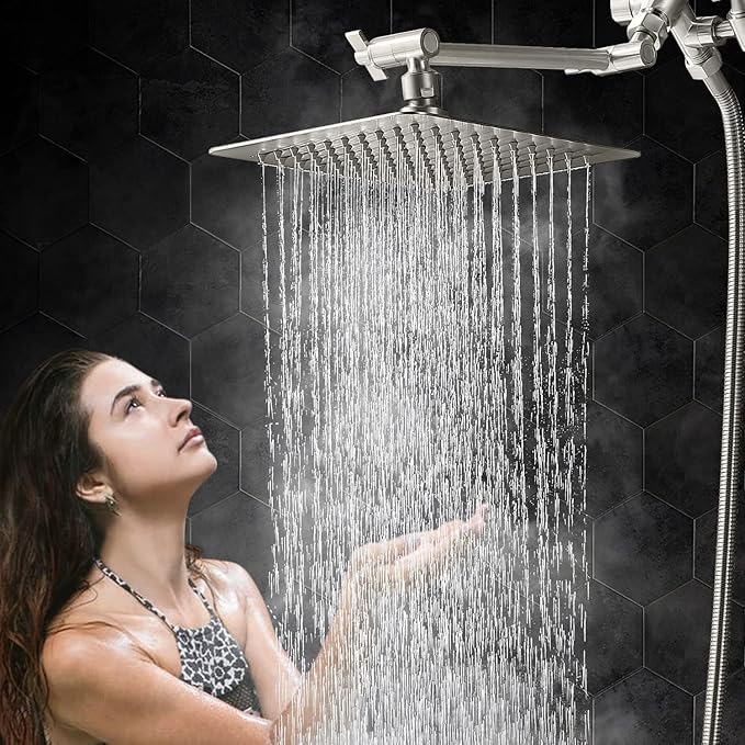 G-Promise All Metal 8 Inch Dual Square Shower Head with Handheld Spray Combo, Rain Shower Head, Adjustable Extension Arm, 3-Way Diverter, 71 Inch Extra Long Hose - A Bathroom Upgrade (Brushed Nickel)