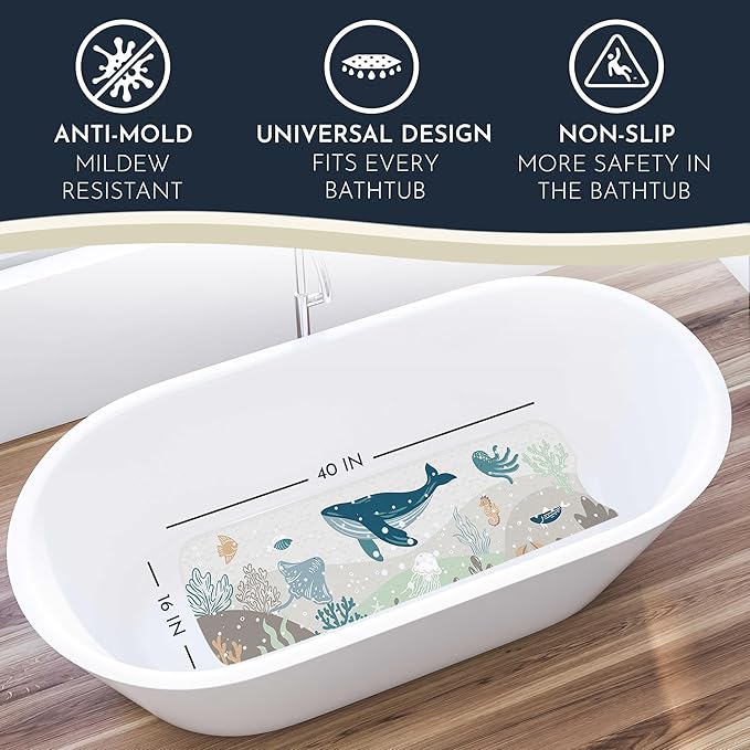 Homerella Baby Bath Tub Mat | Anti Mold Mildew Resistant Non Slip Kids and Adult Bath Tub Shower Mats | 40x16 inch Long with Suction Cups for Secure Grip Hooks for Storage & Drying | Machine Washable