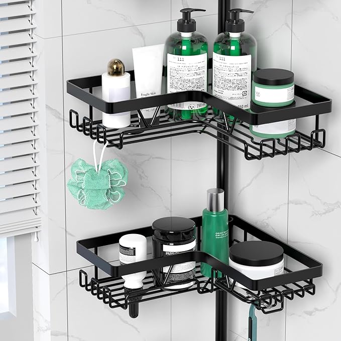 Shower Caddy Tension Pole Corner with 4 Removable Baskets & 2 Towel Bar - Expandable Shower Caddy Corner Adjustable 25-114.2 Inches Upgraded Bath Organizer for Tub(Stainless Steel, Black)