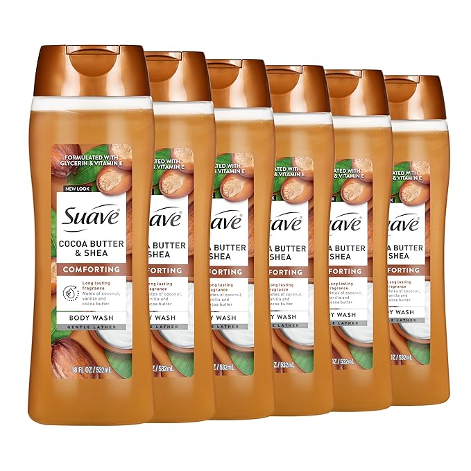 Suave Moisturizing Body Wash, Cocoa Butter and Shea with Vitamin E Extract, No Parabens, No Phtahaltes, 18 Oz Pack of 6