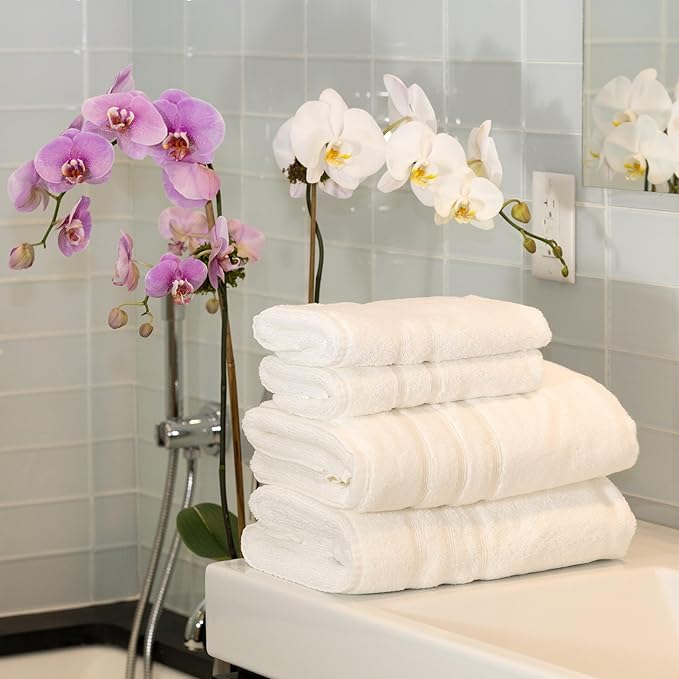 Mosobam Luxury Turkish 4pc Towel Set 30X58 16X30 White 700 GSM Bamboo Viscose & Aegean Turkish Combed Cotton