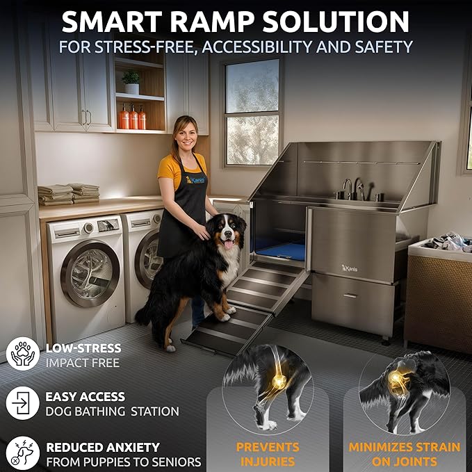 KANIS Professional Dog Washing Station - 304 Stainless Steel Pet Wash Sink & Grooming Bathtub w/Shower, Floor Grates and Storage for Large, Medium & Small Pets (50", 1 Drawer - Left Ramp)
