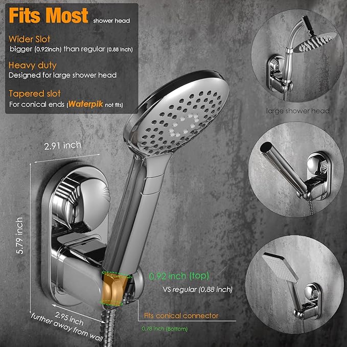 Suction cup Handheld Shower Head Holder - Designed For Large Shower Head - Relocatable - 5 Angles Adjustable - Horizontal Setting - - Wider Input - Wall mounted with Vacuum Power (Polished Chrome)