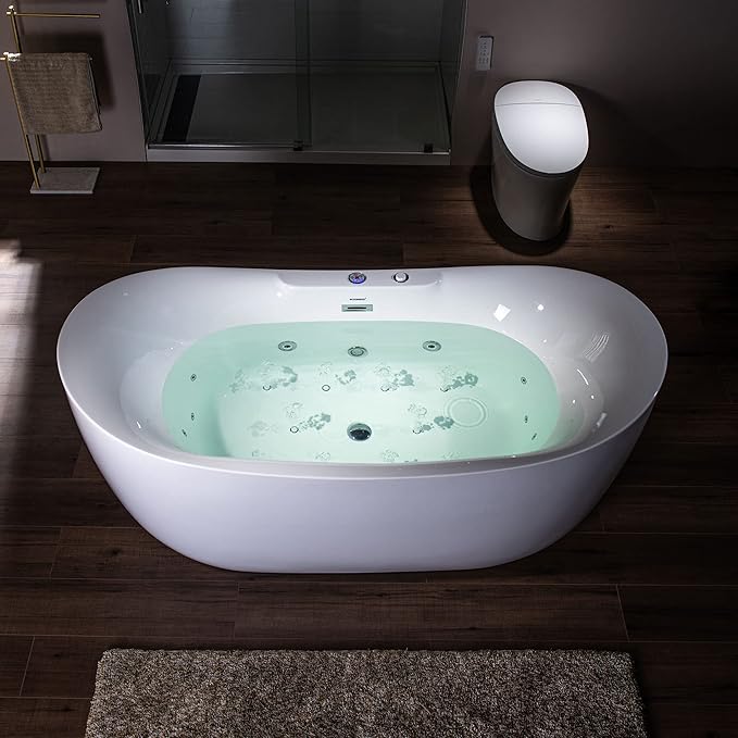 WOODBRIDGE 72" x 35-3/8" Whirlpool Water Jetted and Air Bubble Freestanding Heated Soaking Combination Bathtub with LED control panel, BJ400