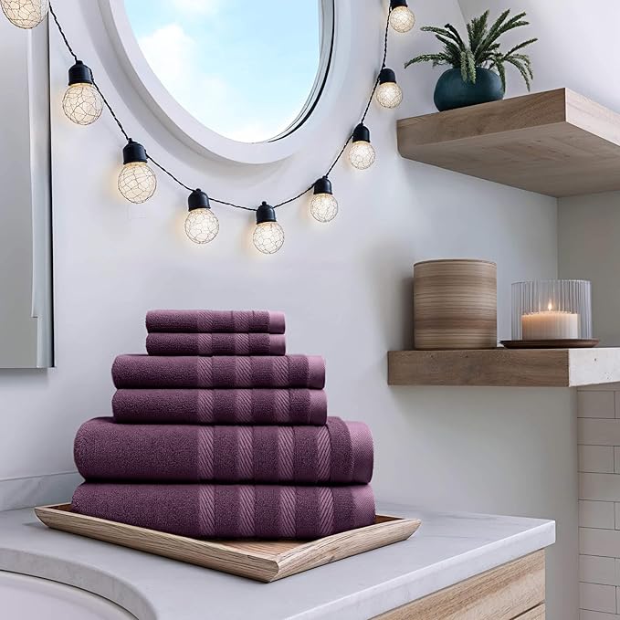 Hearth & Harbor Bath Towels for Bathroom - 100% Ring Spun Cotton Luxury Bathroom Towels - Soft & Highly Absorbent Bath Towels Set, 6 Piece Set, Purple