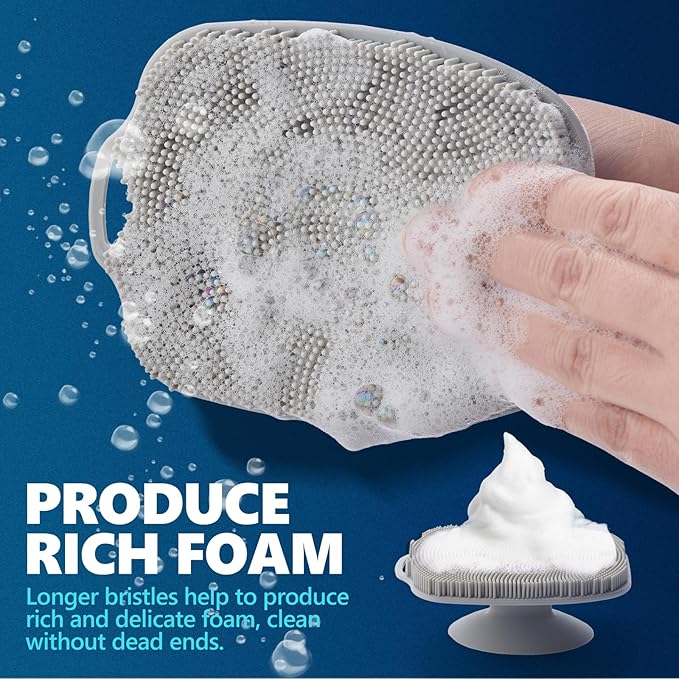 Soft Silicone Body Scrubber, Gentle Like a Hand Exfoliating Your Skin and Build Up Lather, Back Large Suction Cup Easy to Store, & Deep Clean (Body Scrubber + Face Scrubber Gray)