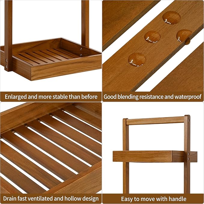 Utoplike Teak Shower Caddy Shelf, Standing Shower Organizer for Bathroom Corner, Wooden Freestanding Racks Storage for Inside Shower, Bath, Office, Stand Up 3 Tier Kitchen Desktop Organization