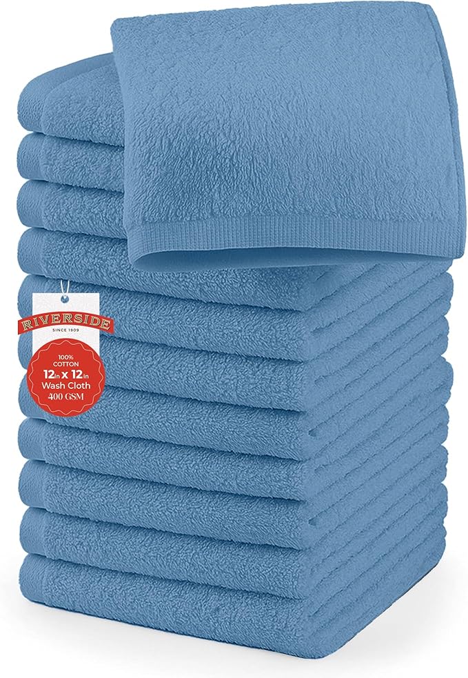 RIVERSIDE 12 Pack Washcloths - 12x12 Inches, 400 GSM, 100% Ring-Spun Cotton - Soft, Absorbent & Durable Face and Body Towels - for Bathroom, Spa, Gym, Makeup Removal & Everyday Use - Medium Blue