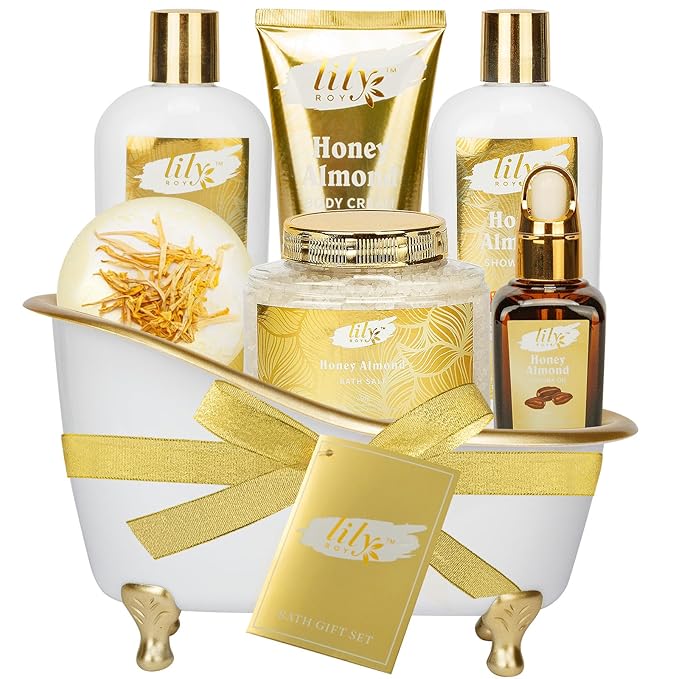 Christmas Gifts for Women - 7-Piece Honey Almond Spa Gift Set, Bath & Body Gift Set, Bath Collection with Bath Bomb | Mothers Day Gifts for Mom, Fathers Day, Birthday Gifts, Holiday Present for Women