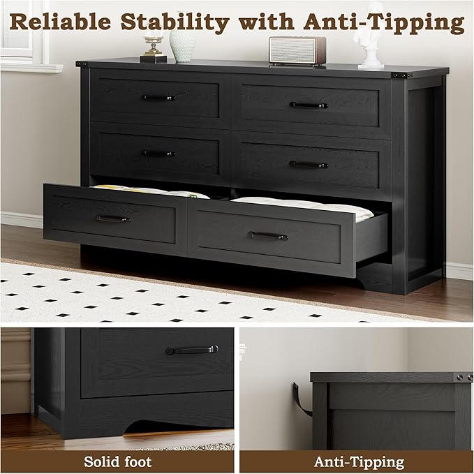 6-Drawer Dresser for Bedroom, Modern Wooden Chest of Drawers with Metal Handles, Anti-Tipping Design, Sturdy and Stable Storage Organizer for Living Room, Entryway, Home Office