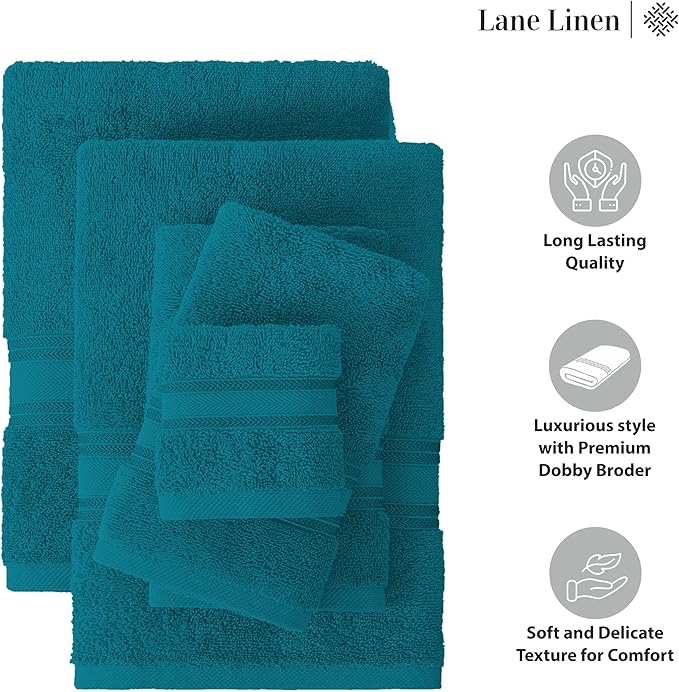LANE LINEN Luxury 6-Piece Bath Towel Set - 100% Cotton, Quick-Dry, Super Absorbent, Zero Twist - Includes 2 Bath Towels, 2 Hand Towels, 2 Washcloths - Sea Port