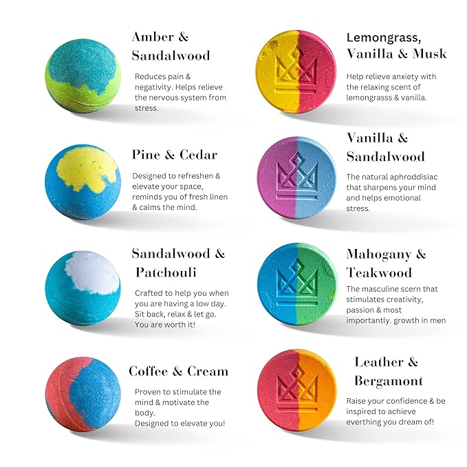 Bath Bombs for Men - Unique Sphere & Disc Shape - 8 Bath Bombs Mix of 5oz & 2.5oz - Gifts for Men - Bubble Bath Set