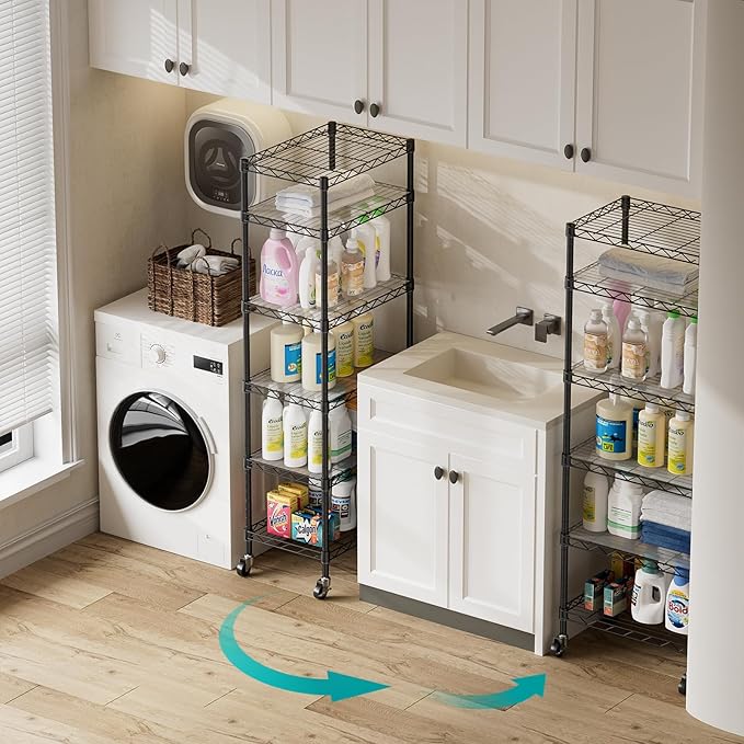 SINGAYE 6 Shelf Storage Wire Shelves Closet Bathroom Organizers Metal Pantry Kitchen Small Garage Shelving Unit Laundry Room Organization Home Narrow Rack Net Basket with Wheels Black