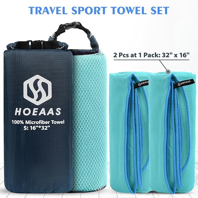 HOEAAS 2 Pack Microfiber Camping Towels, Quick Dry Towel, Super Absorbent Ultra Compact Travel Towel Soft Lightweight Sports Towel for Sweat Fast Drying Towels for Pool,Gym,Hiking,Backpacking,Fitness