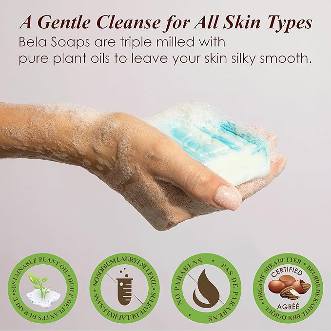 BELA Ocean Soap 3.3 OZ, Pack of 12, Long Lasting French Triple Milled Bar Soap with Organic Shea Butter, Hand Face, and Body Wash Bar, Made in Australia