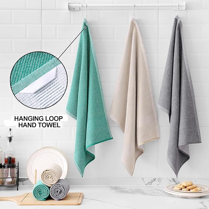 Homaxy Premium Kitchen Towels(18”x 28”, 6 Pack), Large Cotton Kitchen Hand Towels, Flat and Terry Dish Towels, 380 GSM Highly Absorbent Tea Towel Set with Hanging Loop, Grey/Green/Khaki