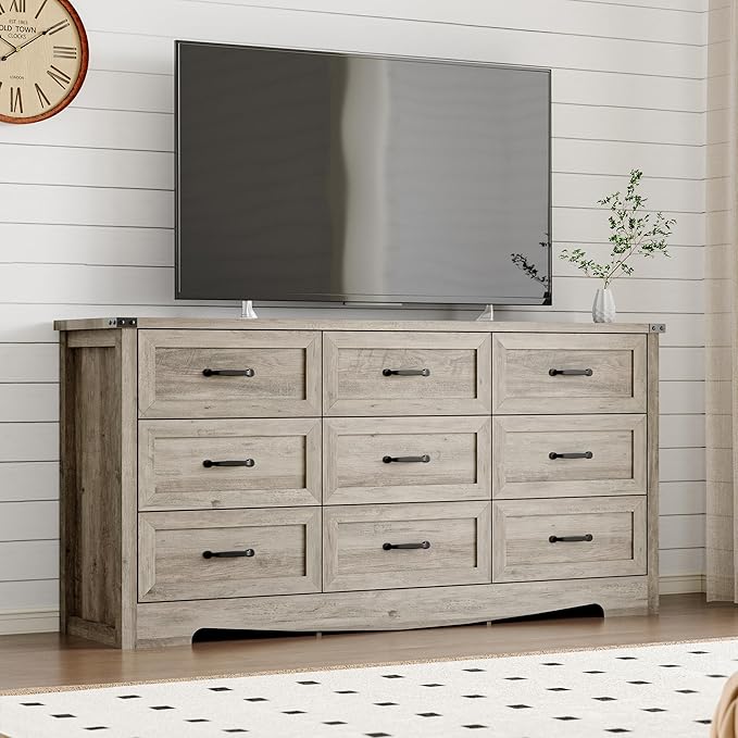 9-Drawer Dresser for Bedroom, Modern Wooden Chest of Drawers with Metal Handles, Anti-Tipping Design, Sturdy and Stable Storage Organizer for Living Room, Entryway, Home Office