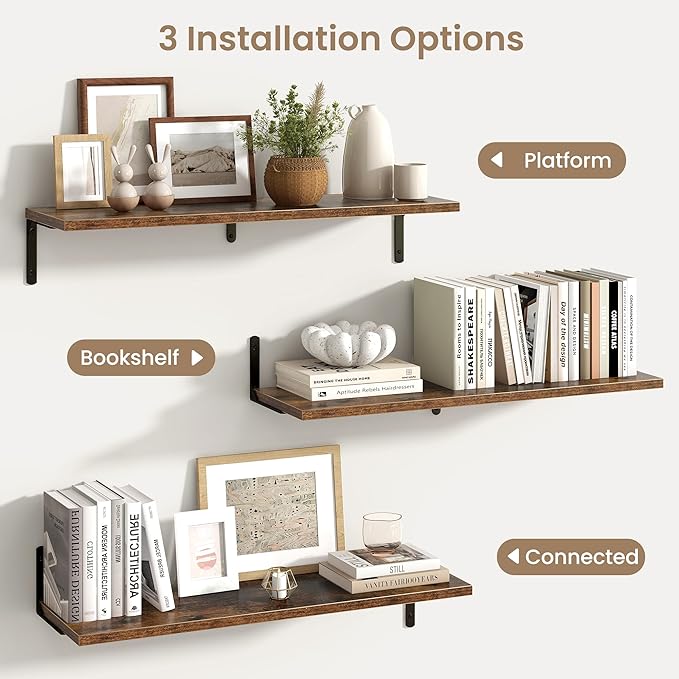 Fun Memories Deep Floating Shelves, 32W x 8D Floating Shelves Set of 2, Wall Mounted Shelf with Metal Brackets, Rustic Wood Wall Shelf for Bathroom, Kitchen and Living Room, Rustic Brown