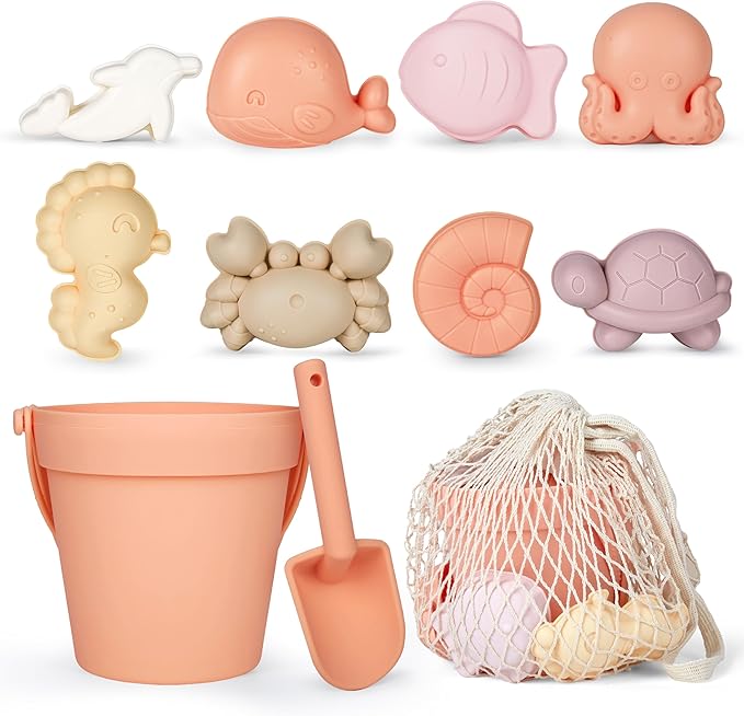 MarcZero 11Pcs Silicone Beach Toys,Modern Baby Beach Toys,Travel Friendly Beach Set,Silicone Bucket, Shovel, 8 Sand Molds, Beach Bag, Sand Toys for Toddlers, Kids (Peach)