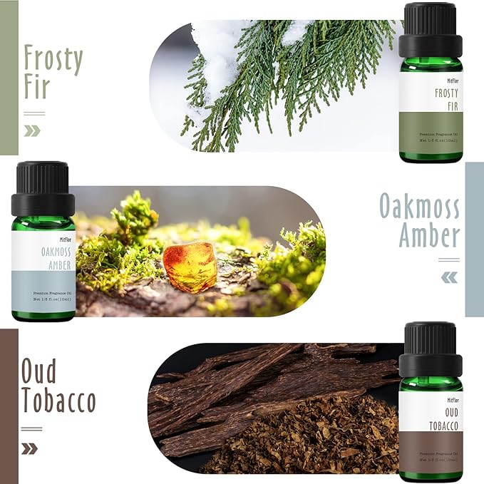 Fragrance Oil, MitFlor Woodland Set of Scented Essential Oils, 10ml x 6, Soap & Candle Making Scents, Essential Oils for Diffusers for Home, Pine Forest, Cedarwood, Oakmoss Amber & More