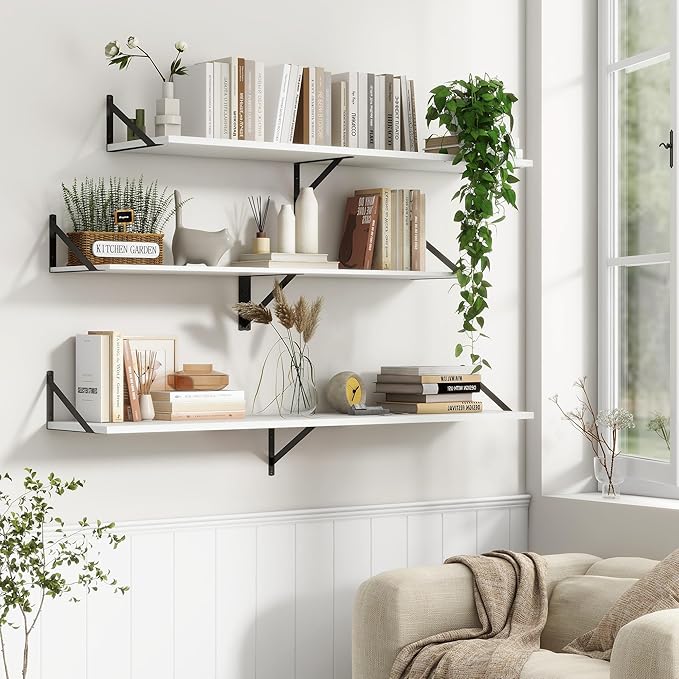 12 Inch Deep Floating Shelves, 30W x 12D Wall Shelves with Brackets, White Floating Shelves 30 Inch Long, Rustic Wood Wall Shelf, Wide Storage Display Shelf for Kitchek, Living Room, Bathroom