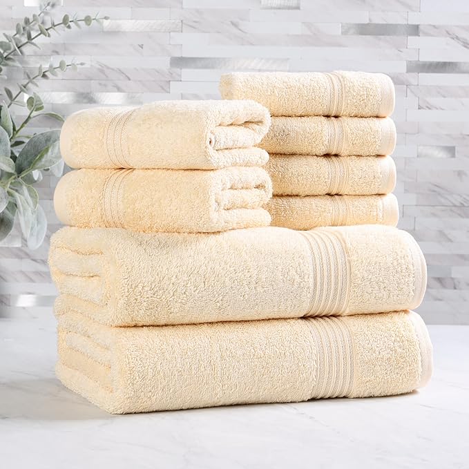Superior Egyptian Cotton 8-Piece Towel Set, Assorted Towels for Home Bathroom, Guest Bath Decor Essentials, Includes 2 Bath, 4 Hand, 2 Face Towels/Washcloths, Quick Dry, Absorbent, Canary