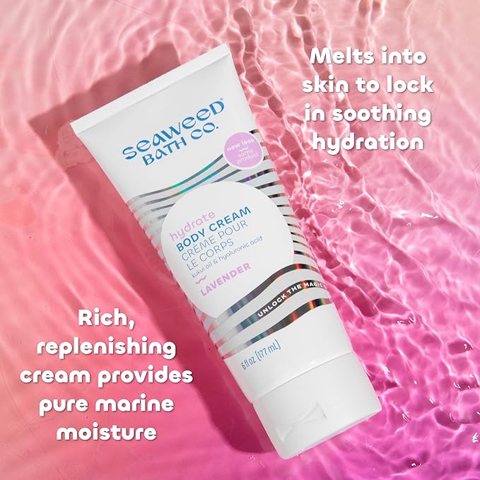 Seaweed Bath Co. Hydrate Body Cream, Lavender Scent, 6 Ounce, Nourishing Hand & Body Lotion Moisturizer for Dry Skin, with Sustainably Harvested Seaweed, Kukui Oil, Hyaluronic Acid, Shea Butter