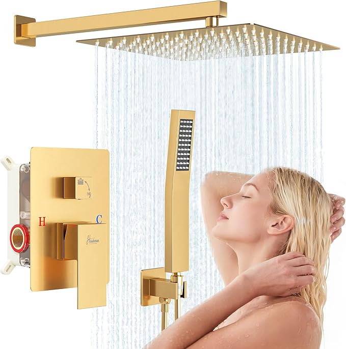 10 Inch Luxury Rain Shower Faucet Set, Brushed Gold Shower System with Rainfall Shower Head and Handheld Spray, SUS304 Stainless Steel and Solid Brass Wall Mounted Shower Valve Trim Kit