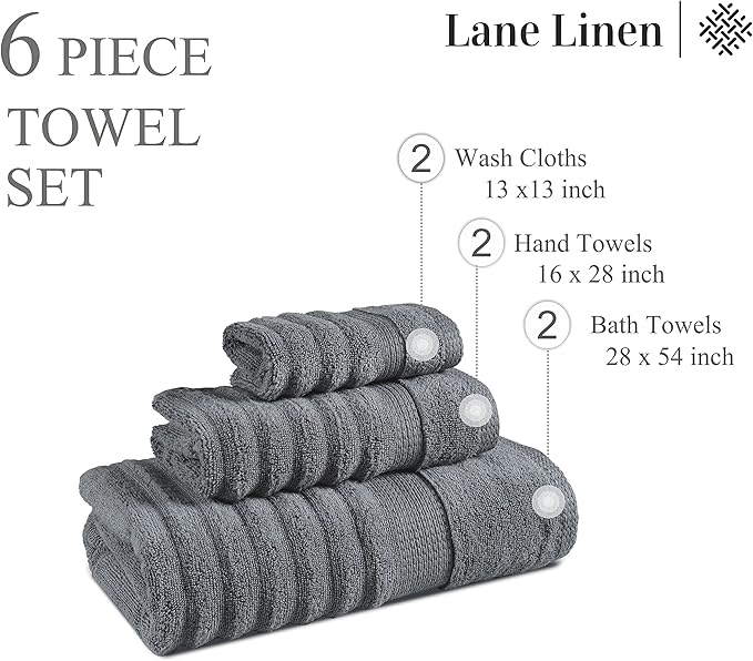 LANE LINEN Bathroom Towels Set - 2 Bath, 2 Hand Towels for Bathroom and 2 Wash Cloths for Body - Highly Absorbent, Soft, Premium 100% Cotton Bath Towel Set for Everyday Use (Set of 6) - Space Grey
