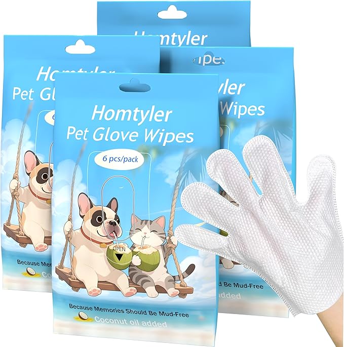 Dog Wipes Cleaning Deodorizing & Washing Gloves for Pets,Glove Wipes Pro for Dogs & Cats with Coconut Oil, Extra-Thick,Lick-Safe for Paws,Eyes,Ears&Body,Rinse-Free Waterless Bath, 4Pack,24PCS