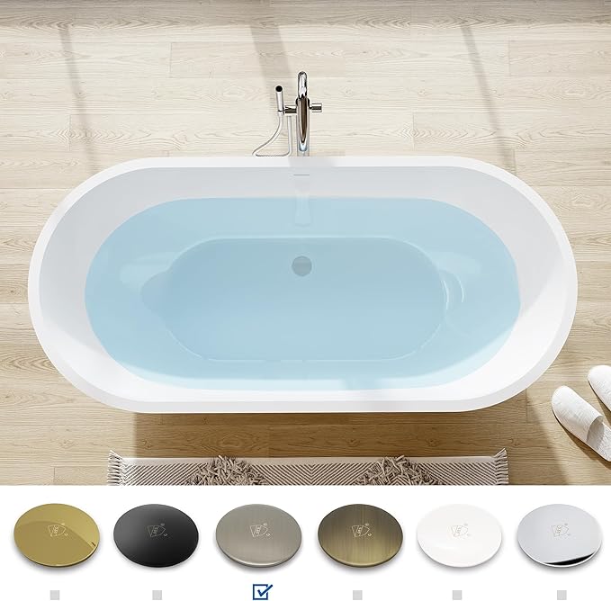 FerdY Bali 59" Acrylic Freestanding Bathtub, Gracefully Shaped Freestanding Soaking Bathtub with Brushed Nickel Drain & Minimalist Linear Design Overflow, Glossy White, cUPC Certified