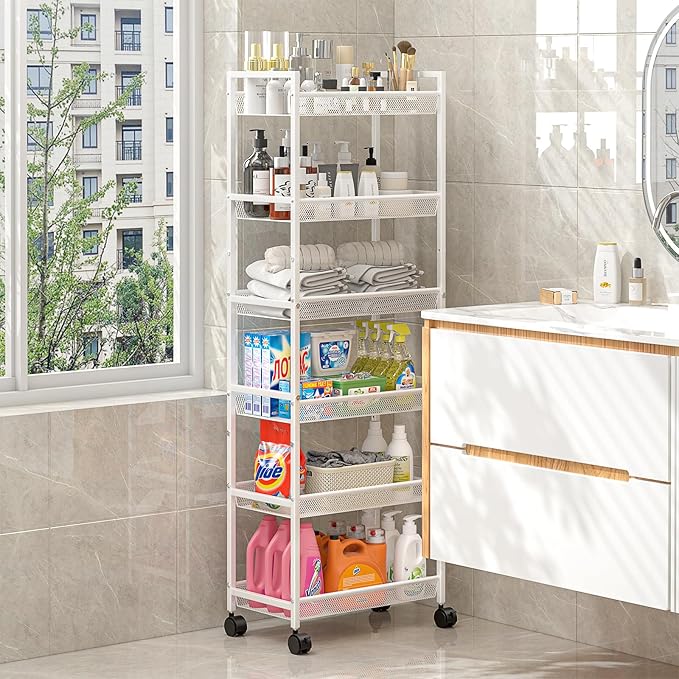 6 Tier Slim Rolling Storage Cart, Narrow Mobile Shelving Unit Organizer Utility Cart with Wheels, Metal Wire Storage Rack with Baskets for Kitchen, Bathroom, Laundry & Living Room, 10in(W) White