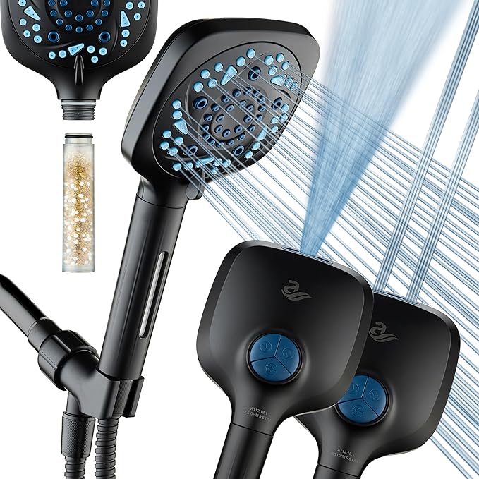 AquaCare High Pressure 10 Spray Mode Filtered Showerhead - Handheld Shower Head Filters Chlorine to Heal Dry Skin, Revive Hair - Dual Power Wash Cleans Tub, Tile, Pets - Hard Water Softener, Black