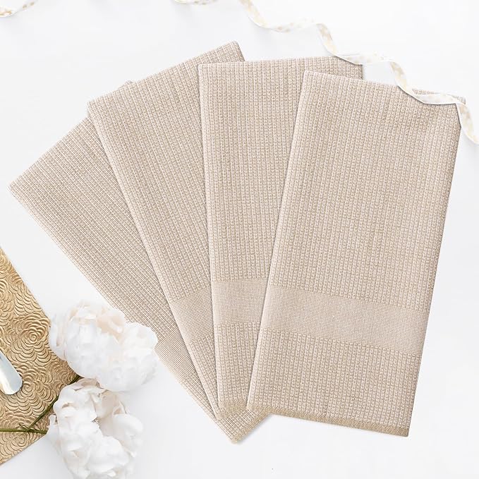 Homaxy Premium Kitchen Towels(18”x 28”, 8 Pack), Large Cotton Kitchen Hand Towels, Flat and Terry Dish Towels, 380 GSM Highly Absorbent Tea Towel Set with Hanging Loop, Khaki