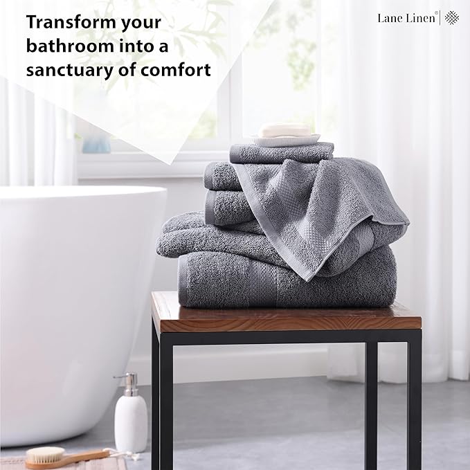 Lane Linen 100% Cotton Luxury Bathroom Towel Set - 6 Pcs - RingSpun, QuickDry, Very Soft & Highly Absorbent - 2 Large Bath Towels, 2 Washcloths, 2 Hand Towels - Pre Shrunk & Fade Resistant - Cool Grey