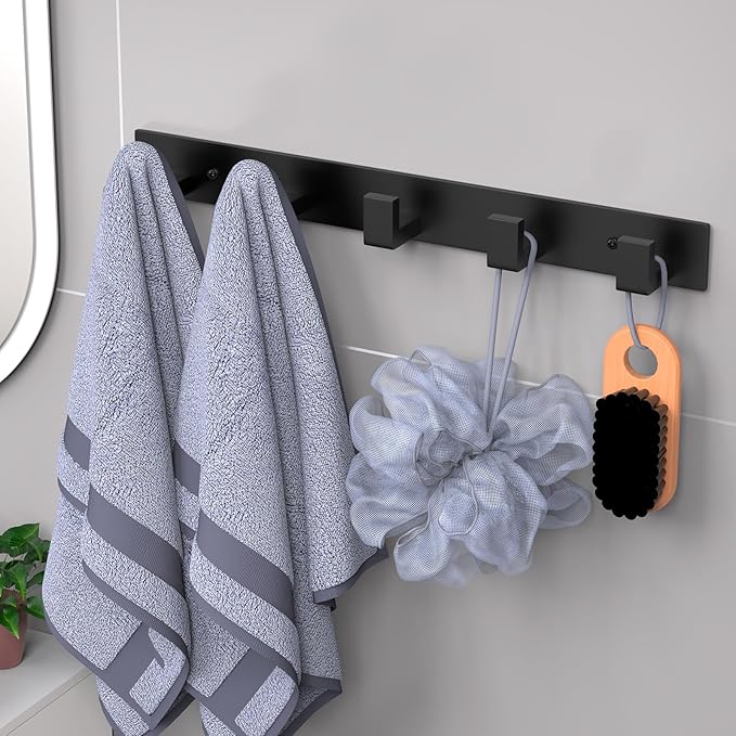 PMMASTO Coat Rack Wall Mount, Coat Hooks Wall Hooks for Hanging, Stainless Steel Coat Hanger Towel Hooks for Bathrooms, Hat Rack (Black 5 Hooks, 2 Pack)