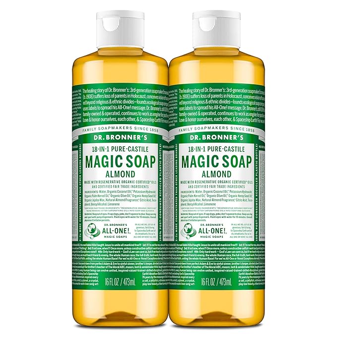 Dr. Bronner's Pure-Castile Magic Liquid Soap (Almond, 16 Ounce, 2-Pack)- Made with Regenerative Organic Certified Oils, 18-in1 Uses: Face, Hair, Hand & Body Soap, Laundry, Pets- Concentrated, Vegan