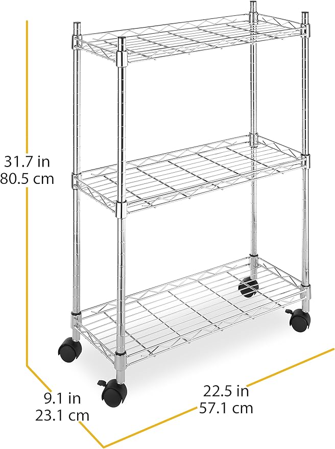 Whitmor 3 Tier Shelving Unit, Metal Storage Shelves, Adjustable Heavy Duty Shelf with Wheels , 400 lbs Capacity per Shelf, 1200 lbs Total for Home, Garage, Workshop, 23"L x 13"W x 30"H, Chrome