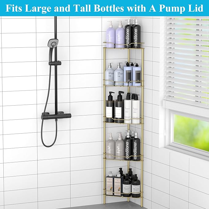 5 Tier Floor Standing Corner Shower Caddy Organizer Shelf with Hooks, Bathroom Shelves Stand Rack, Gold