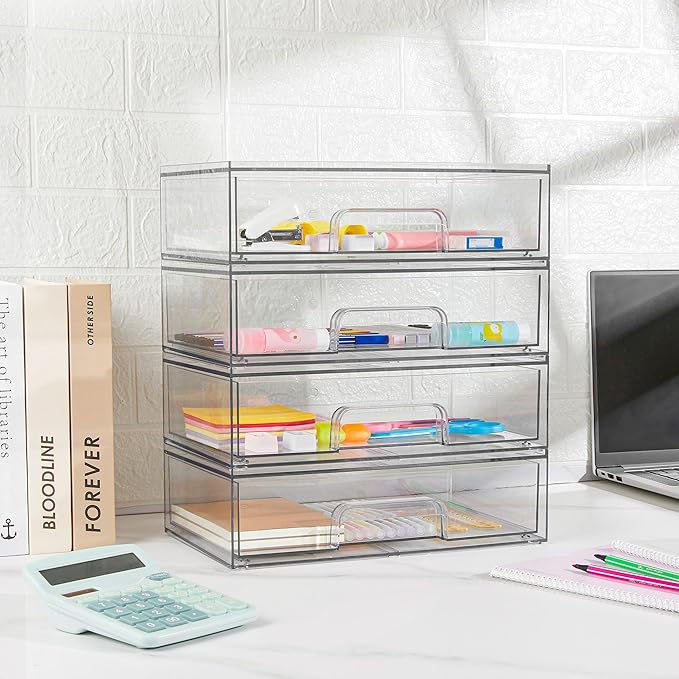 Vtopmart 12.1''W Clear Stackable Storage Drawers,8 Pack Acrylic Plastic Organizers Bins for Makeup Palettes, Cosmetics and Beauty Supplies,Ideal for Vanity, Bathroom,Cabinet,Desk Organization