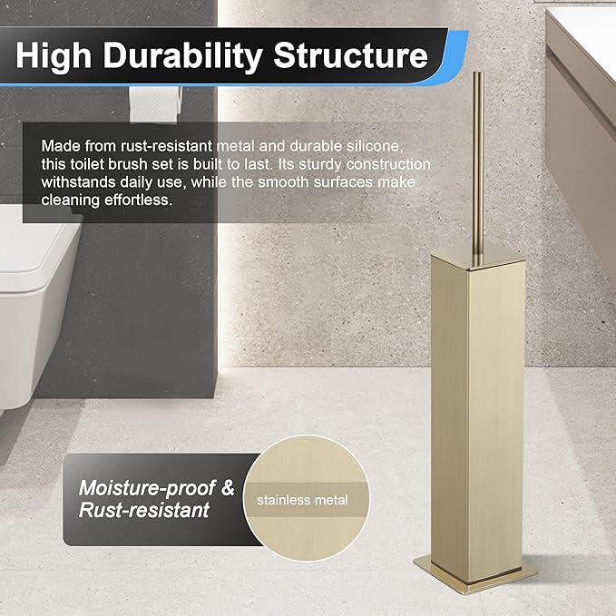 BVL Toilet Brush and Holder Set Brushed Gold Stainless Steel 304 Square Freestanding Toilet Brush for Bathroom