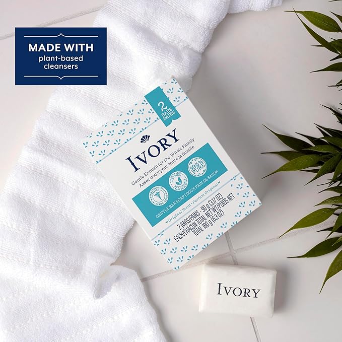 Ivory Gentle Bath Bar Soap, Designed for Whole Family, 99.44% Pure Formula with Plant-Based Cleansers, Made Without Heavy Perfumes, Parabens or Phthalates, Original Scent, 3.17 oz (2 Count)