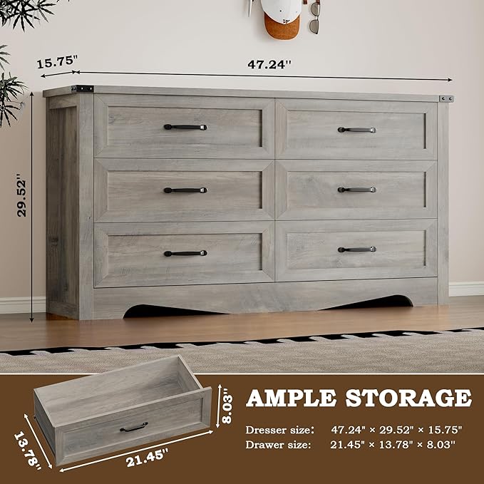 6-Drawer Dresser for Bedroom, Modern Wooden Chest of Drawers with Metal Handles, Anti-Tipping Design, Sturdy and Stable Storage Organizer for Living Room, Entryway, Home Office