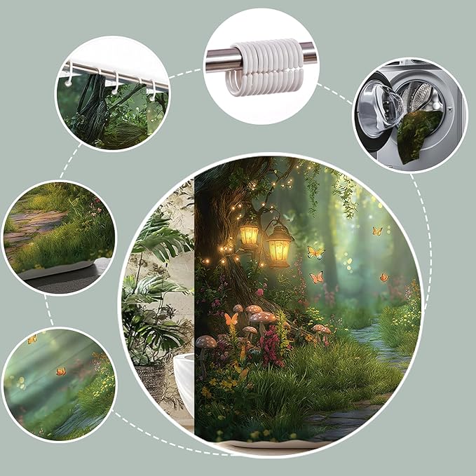 Fantasy Forest Path Shower Curtain Fairy Magical Enchanted Misty Jungle Mushroom Floral Tree Butterfly Lantern Wonderland Plant Bath Curtain Fabric Bathroom Accessories Decor with Hooks 70W x90L